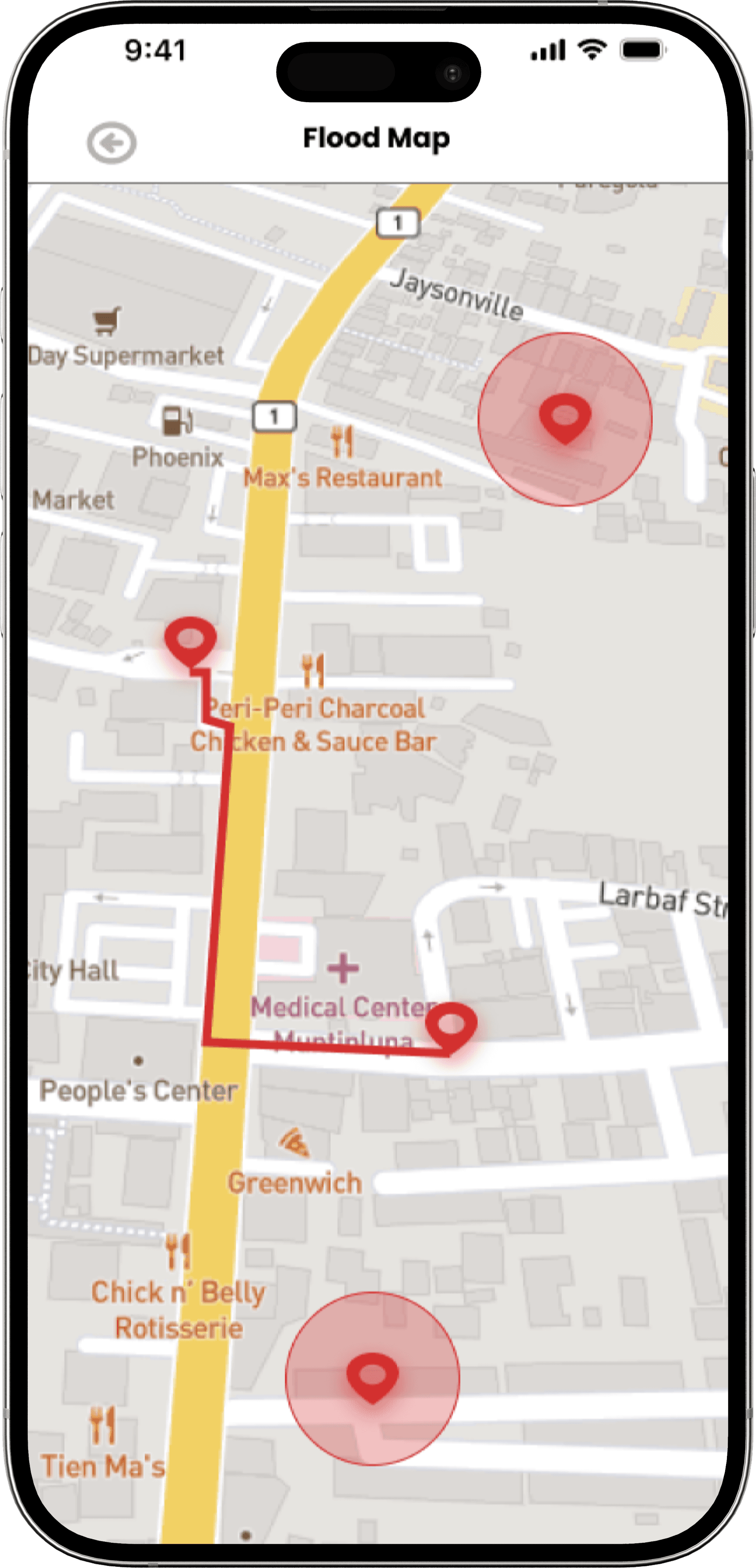 FloodWatch app showing the flood map